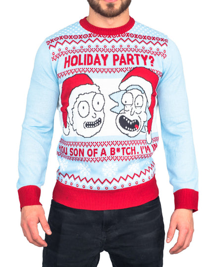 Pull de Noël moche bleu clair Rick et Morty pour fête des fêtes