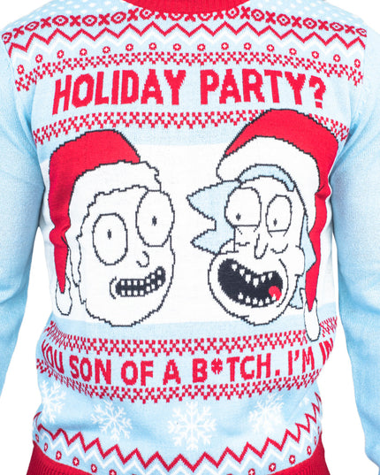 Pull de Noël moche bleu clair Rick et Morty pour fête des fêtes