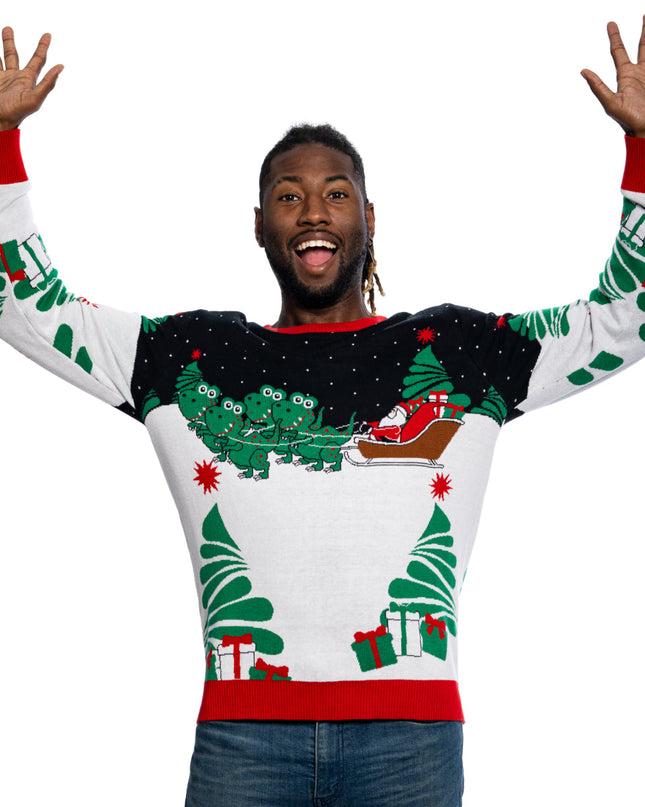 Pull de Noël moche avec le Père Noël sur un traîneau en T-Rex