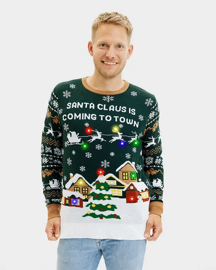 Le Père Noël arrive en ville ! Pull vert LED pour homme