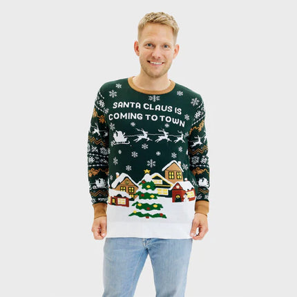 Le Père Noël arrive en ville ! Pull vert LED pour homme