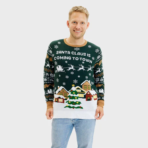 Le Père Noël arrive en ville ! Pull vert LED pour homme