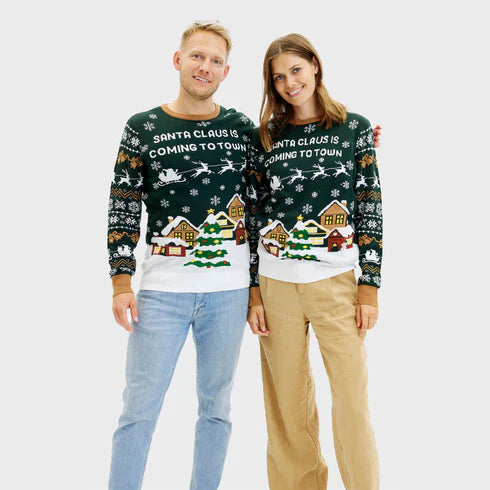 Le Père Noël arrive en ville ! Pull vert LED pour homme