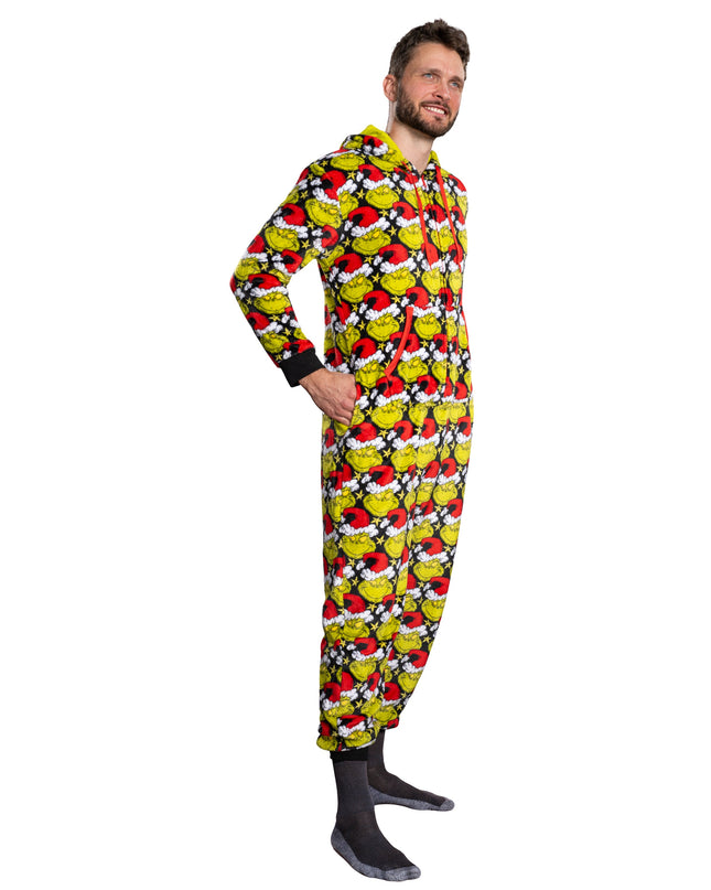 la combinaison pyjama Grinch avec bonnet de Père Noël pour homme et femme,
