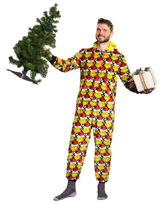 la combinaison pyjama Grinch avec bonnet de Père Noël pour homme et femme,