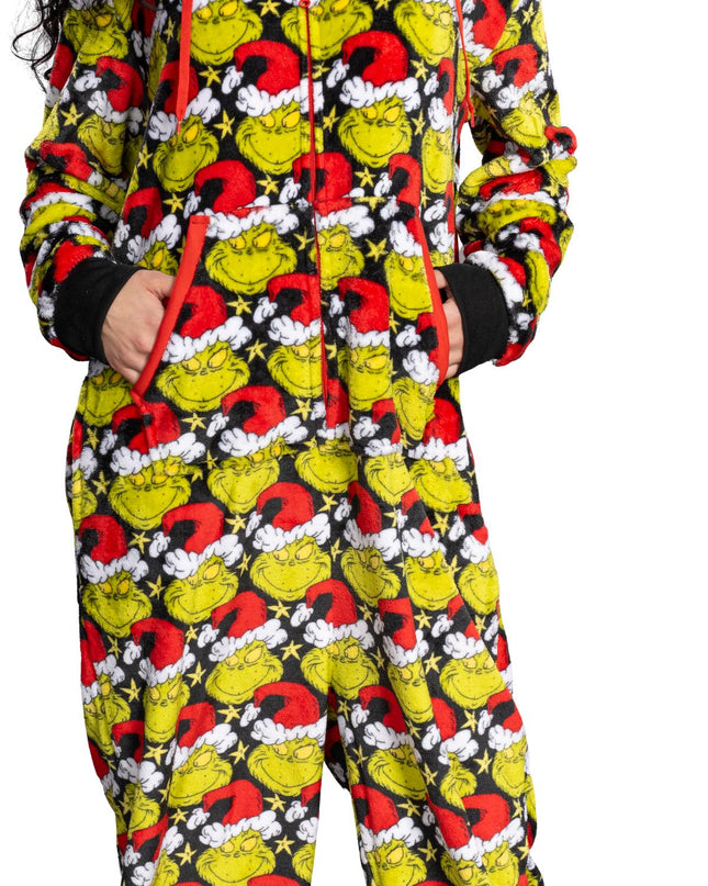 la combinaison pyjama Grinch avec bonnet de Père Noël pour homme et femme,