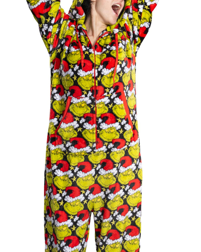 la combinaison pyjama Grinch avec bonnet de Père Noël pour homme et femme,