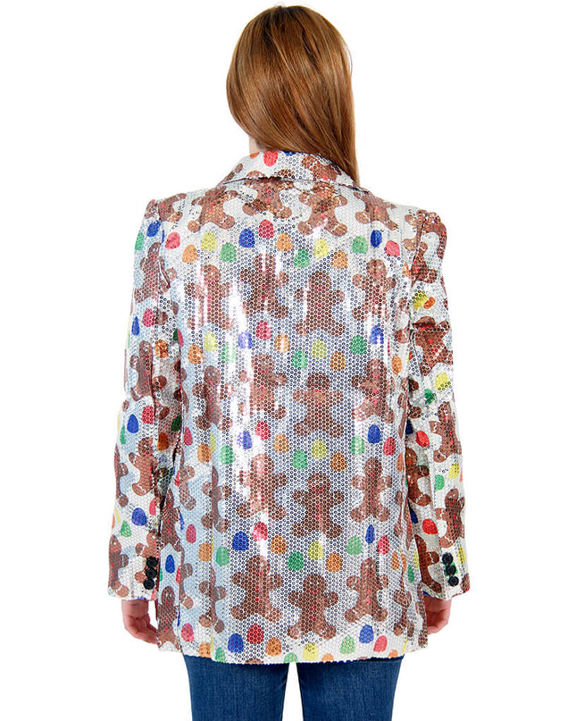 Veste blazer moche à paillettes pour femme, motif bonhomme en pain d'épice