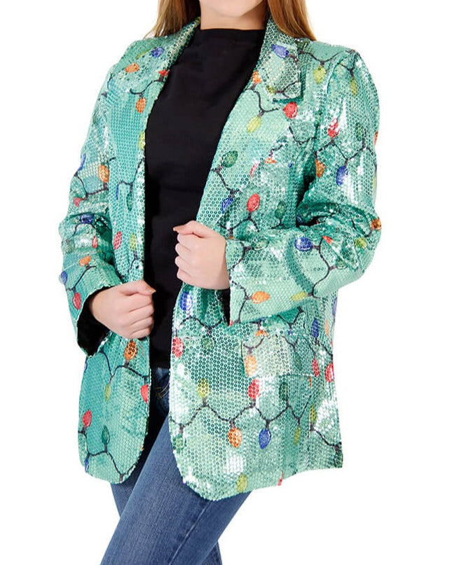 Veste blazer moche à paillettes et guirlandes lumineuses de Noël pour femme