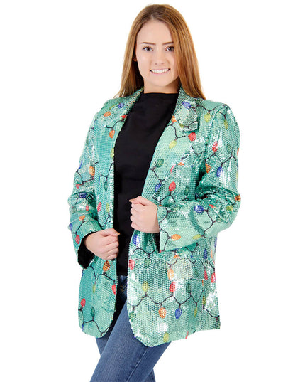 Veste blazer moche à paillettes et guirlandes lumineuses de Noël pour femme