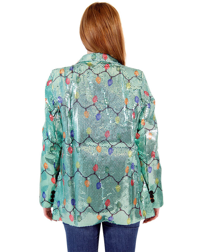 Veste blazer moche à paillettes et guirlandes lumineuses de Noël pour femme