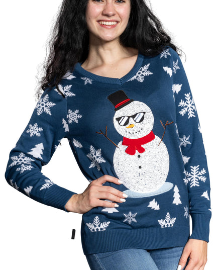 Pull de Noël moche à paillettes bonhomme de neige pour femme