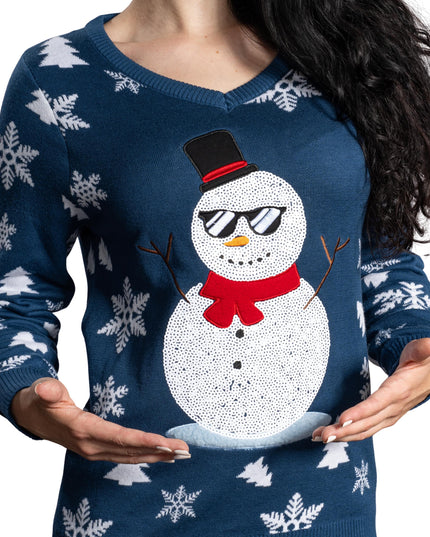 Pull de Noël moche à paillettes bonhomme de neige pour femme