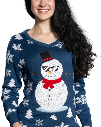 Pull de Noël moche à paillettes bonhomme de neige pour femme