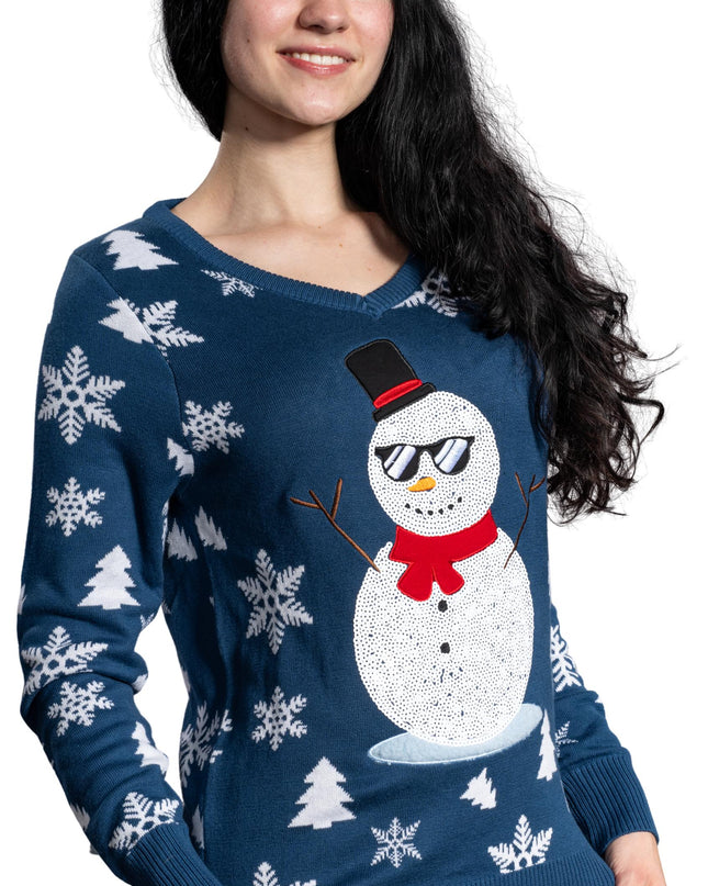Pull de Noël moche à paillettes bonhomme de neige pour femme