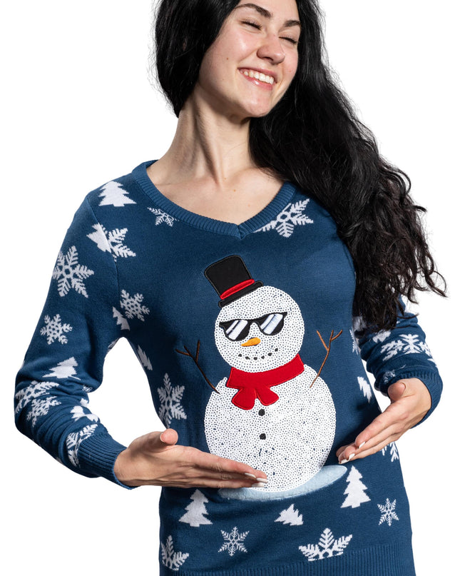 Pull de Noël moche à paillettes bonhomme de neige pour femme