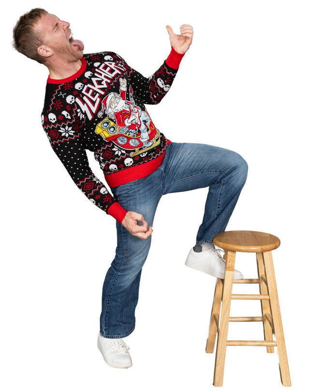 Père Noël rock and roll, guitare, traîneau, pull moche