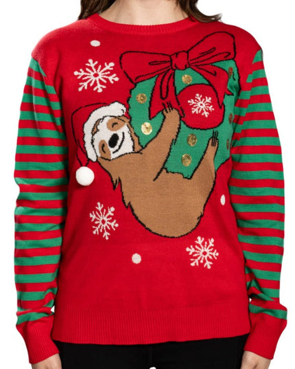 Paresseux suspendu à une couronne de Noël, pull moche