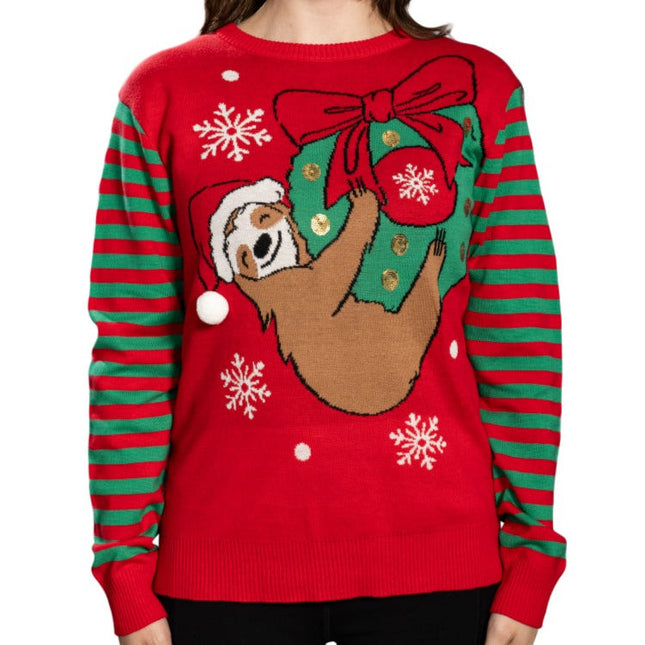 Paresseux suspendu à une couronne de Noël, pull moche