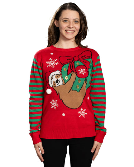 Paresseux suspendu à une couronne de Noël, pull moche