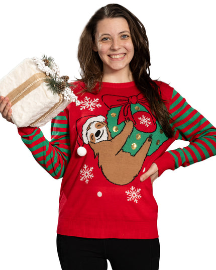 Paresseux suspendu à une couronne de Noël, pull moche