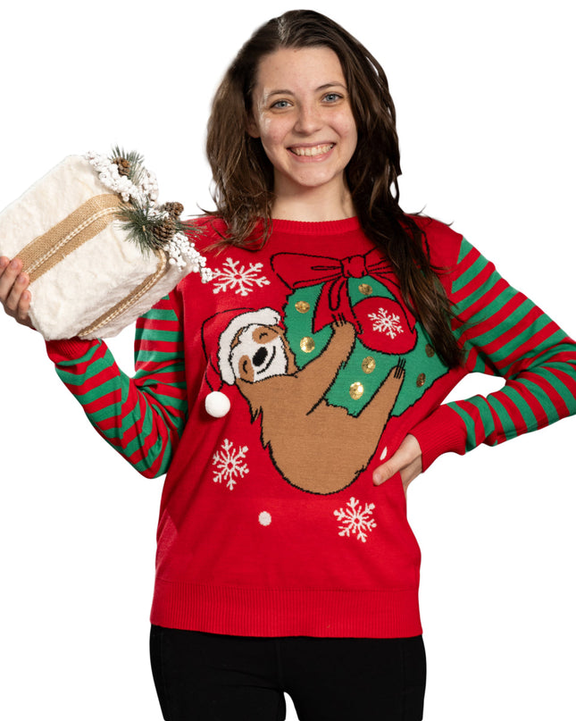 Paresseux suspendu à une couronne de Noël, pull moche