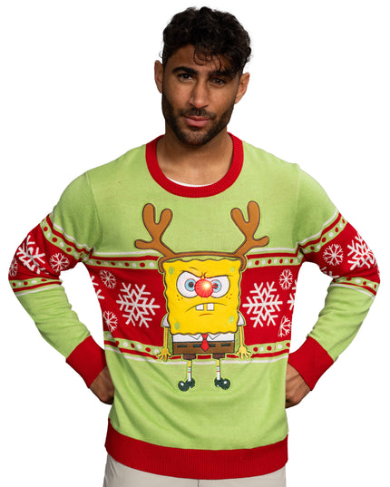Pull de Noël moche avec nez de renne LED Bob l'éponge