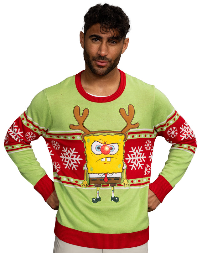Pull de Noël moche avec nez de renne LED Bob l'éponge