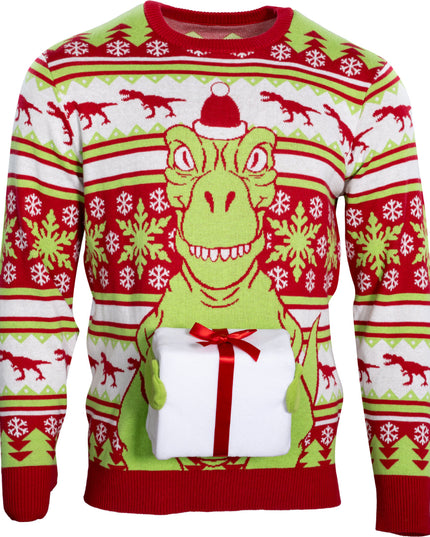 Pull de Noël moche avec bonnet de Père Noël T-Rex en 3D et effet cadeau.