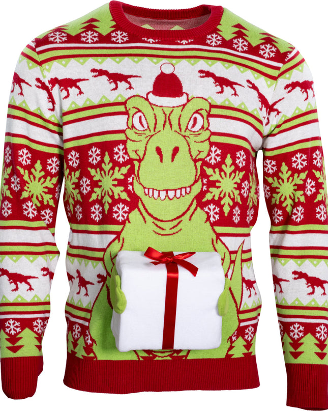 Pull de Noël moche avec bonnet de Père Noël T-Rex en 3D et effet cadeau.