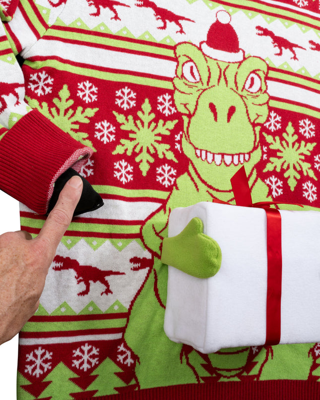Pull de Noël moche avec bonnet de Père Noël T-Rex en 3D et effet cadeau.