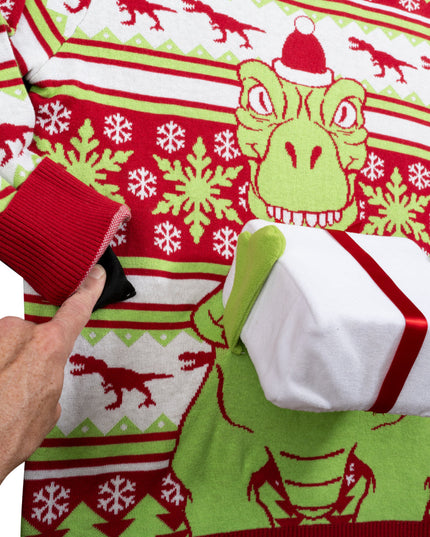 Pull de Noël moche avec bonnet de Père Noël T-Rex en 3D et effet cadeau.