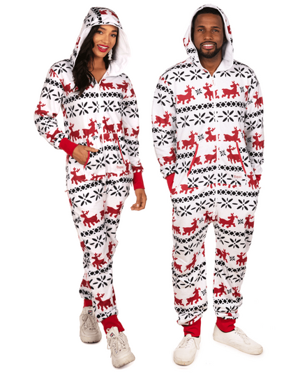 Matching Red and White Reindeer Couples Jumpsuits
