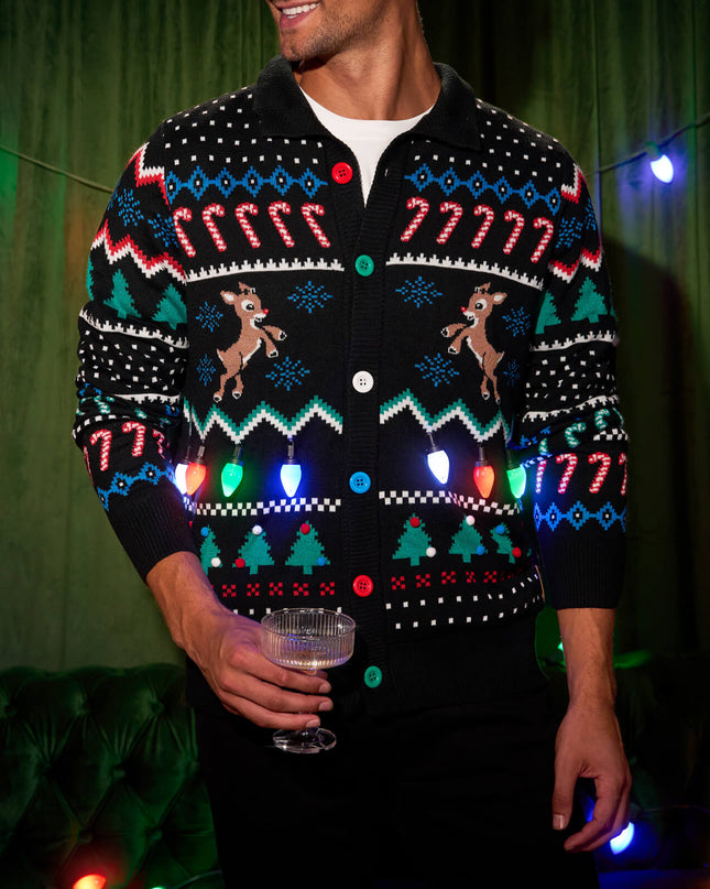 Men's Fair Isle Rudolph Light Up Christmas Cardigan Sweater
