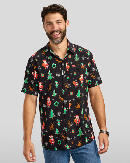 Men's 8-Bit Santa Button Down Shirt