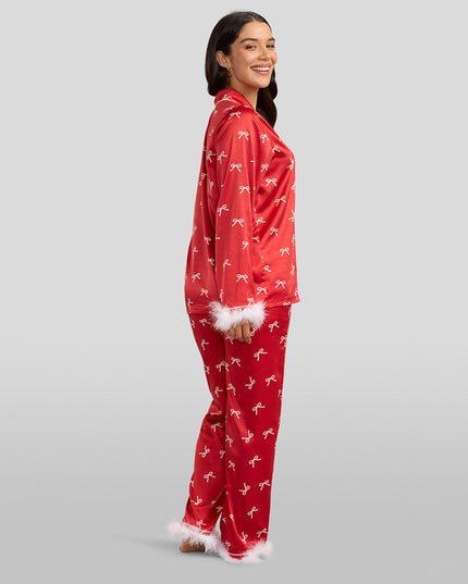 Women's Christmas Bow Satin Feather Pajama Set