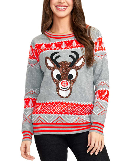 Women's Sequin Rudolph Light Up Ugly Christmas Sweater