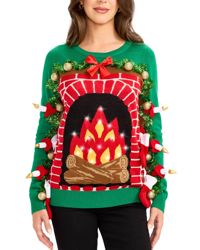 Women's Festive Fireplace Light Up Ugly Christmas Sweater