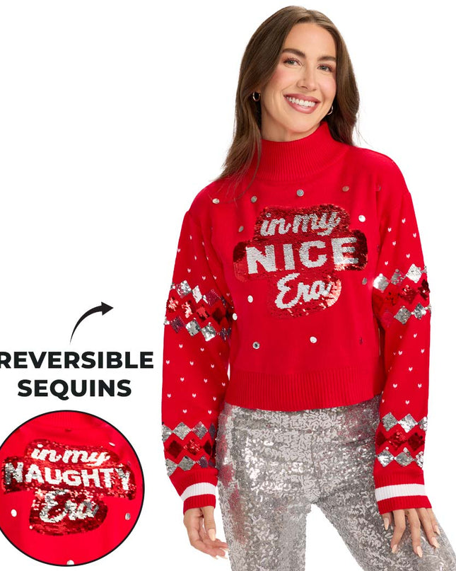 Women's Nice Era Turtleneck Cropped Reversible Sequin Christmas Sweater