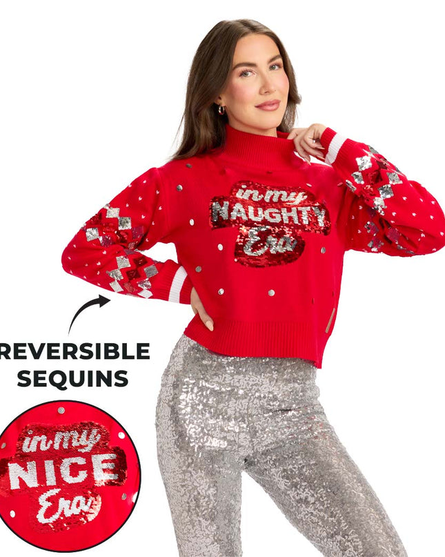 Women's Nice Era Turtleneck Cropped Reversible Sequin Christmas Sweater
