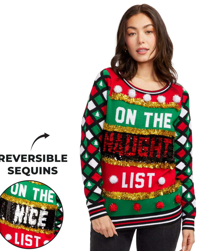 Women's Naughty or Nice Reversible Sequin Ugly Christmas Sweater