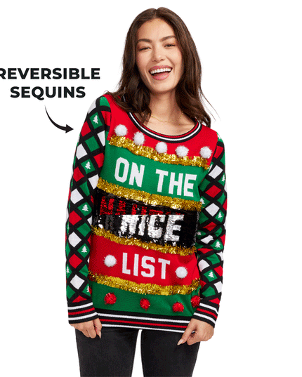 Women's Naughty or Nice Reversible Sequin Ugly Christmas Sweater