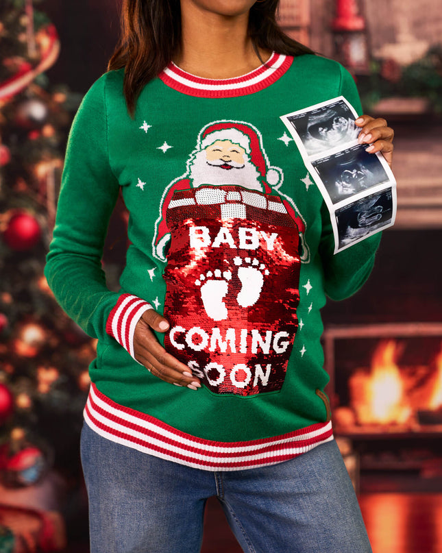 Women's Big Reveal Reversible Sequin Maternity Christmas Sweater