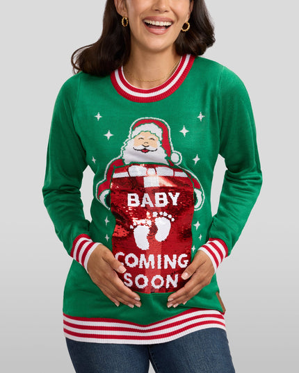 Women's Big Reveal Reversible Sequin Maternity Christmas Sweater