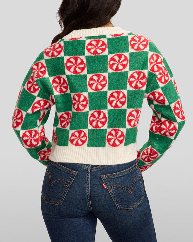 Women's Cozy Knit Checker Mint Cropped Christmas Cardigan Sweater