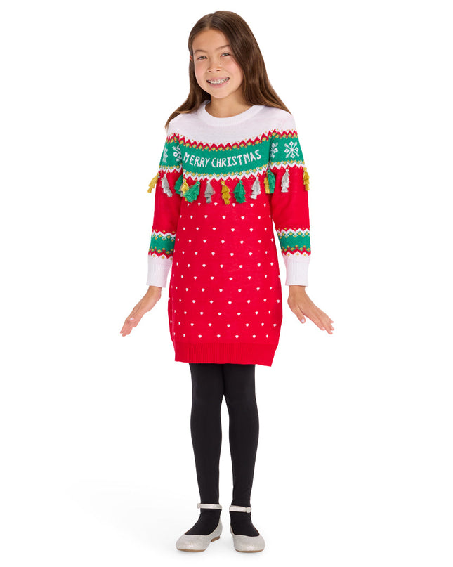 Girl's Merry Christmas Tassel Sweater Dress