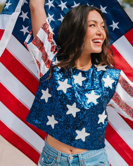 Women's Sequined Stars and Stripes Cropped Tee