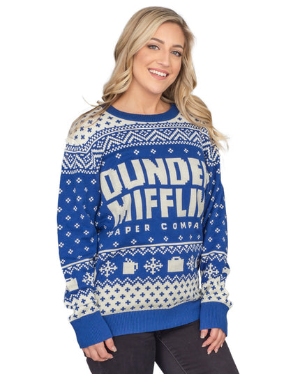 Pull de Noël bleu Dunder Mifflin pour femme, inspiré de la série The Office
