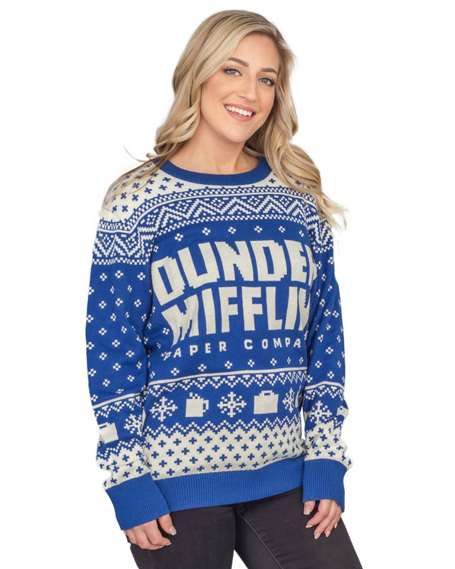 Pull de Noël bleu Dunder Mifflin pour femme, inspiré de la série The Office