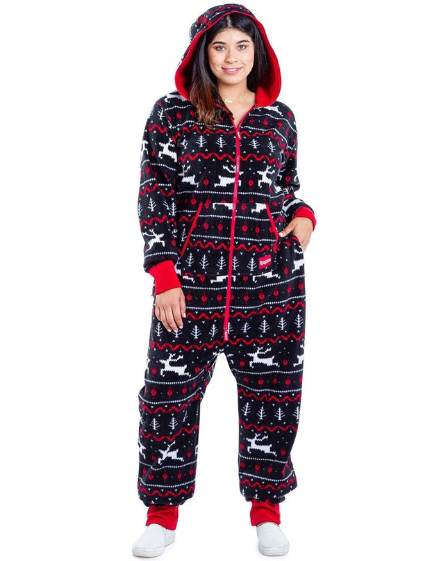 Women's Black and Red Fair Isle Plus Size Jumpsuit